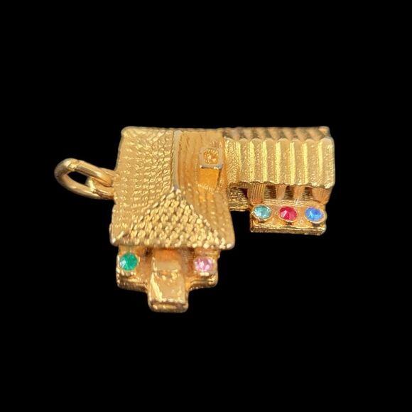 Vintage Yellow Faux Gold Toned 3D House with Garage Pendant Charm Rhinestones - Picture 1 of 12